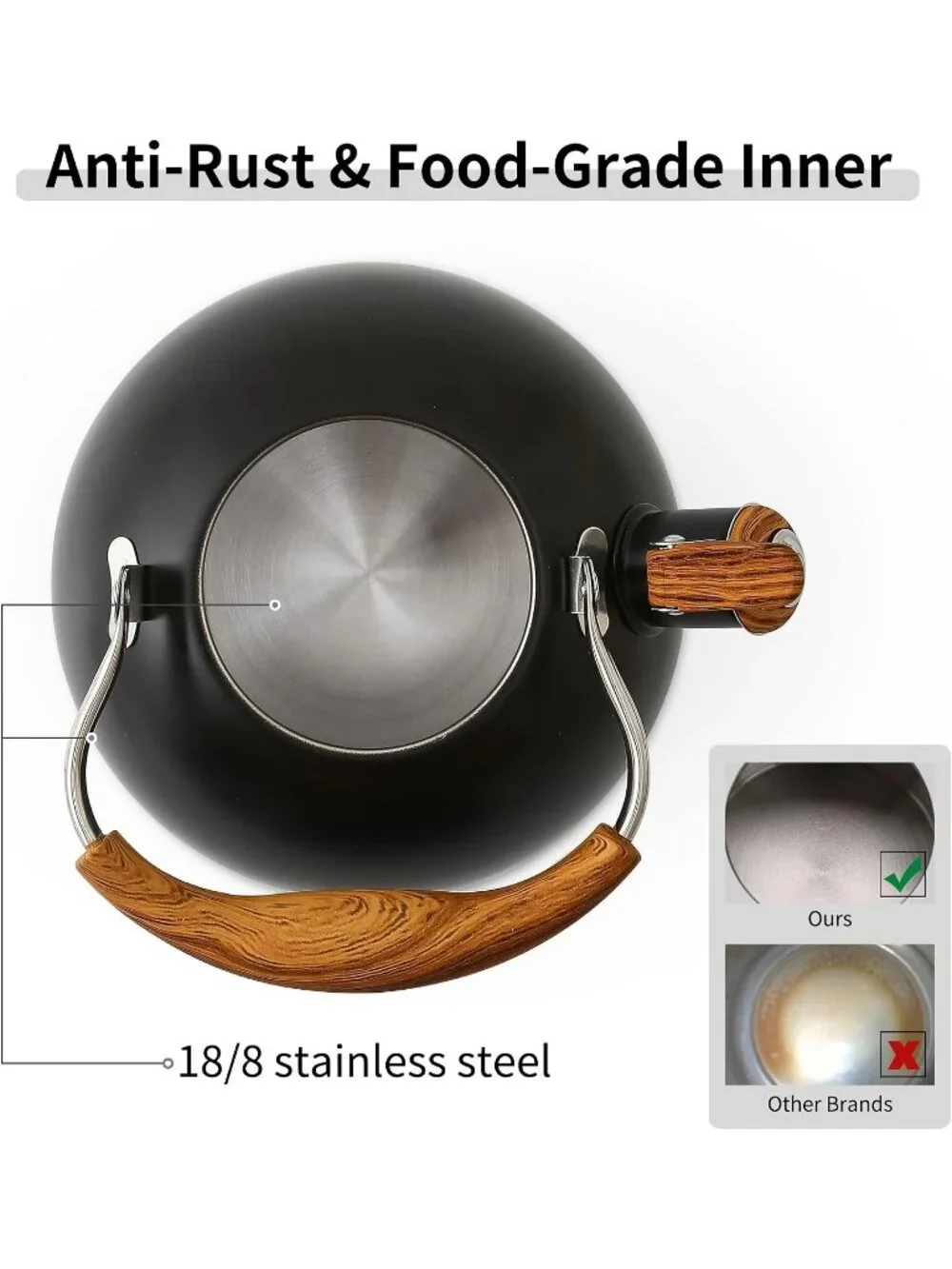 Black Kitchen Whistling Tea Kettle 2.5 Quart Stainless Steel Wood Folding Handle